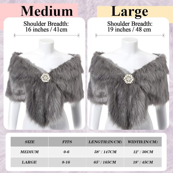 Faux Fur Shawl Wrap Stole Shrug Winter Bridal Wedding Scarf Wrap with Faux Pearl - Picture 2 of 7